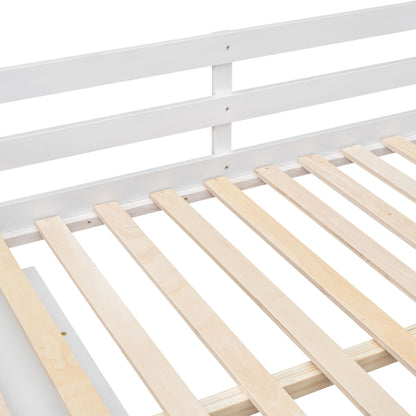 Full Size Loft Bed With Retractable Writing Desk And 3 Drawers With Storage Stairs And Shelves - White