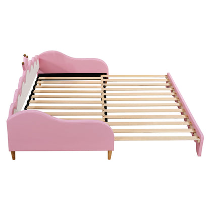 Twin Extending Daybed With LED Lights, Modern Upholstered Princess Daybed With Crown Headboard - Pink