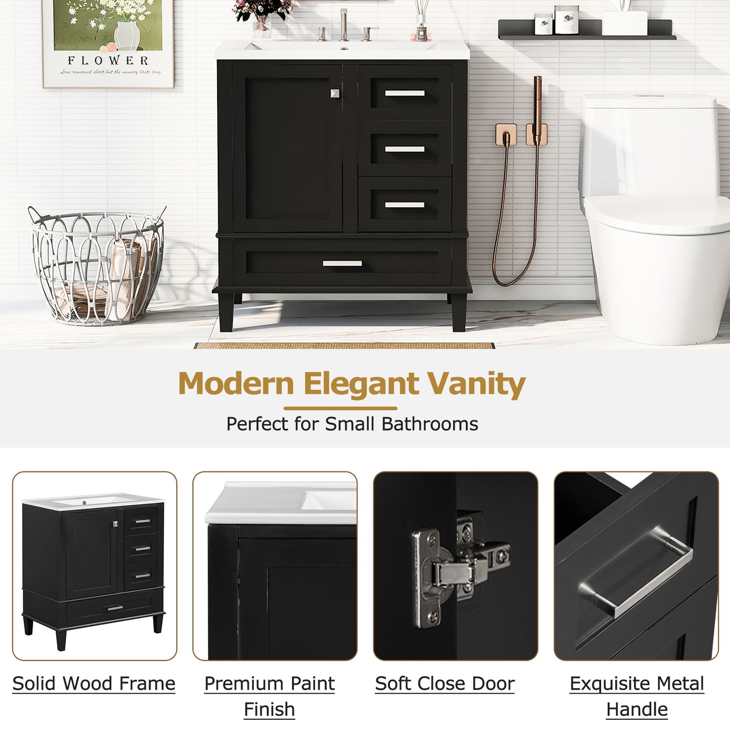 Bathroom Vanity, Modern Bathroom Cabinet With Sink Combo Set, Bathroom Storage Cabinet With A Soft Closing Door And 3 Drawers, Solid Wood Frame - Black