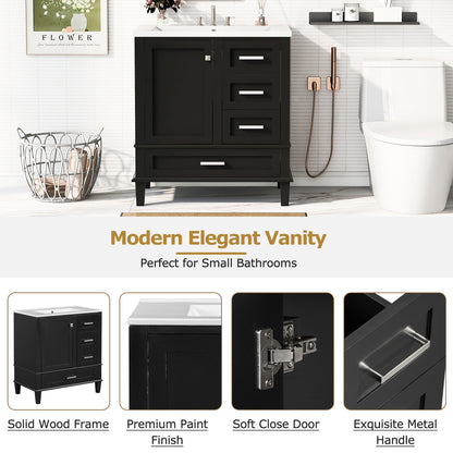 Bathroom Vanity, Modern Bathroom Cabinet With Sink Combo Set, Bathroom Storage Cabinet With A Soft Closing Door And 3 Drawers, Solid Wood Frame - Black