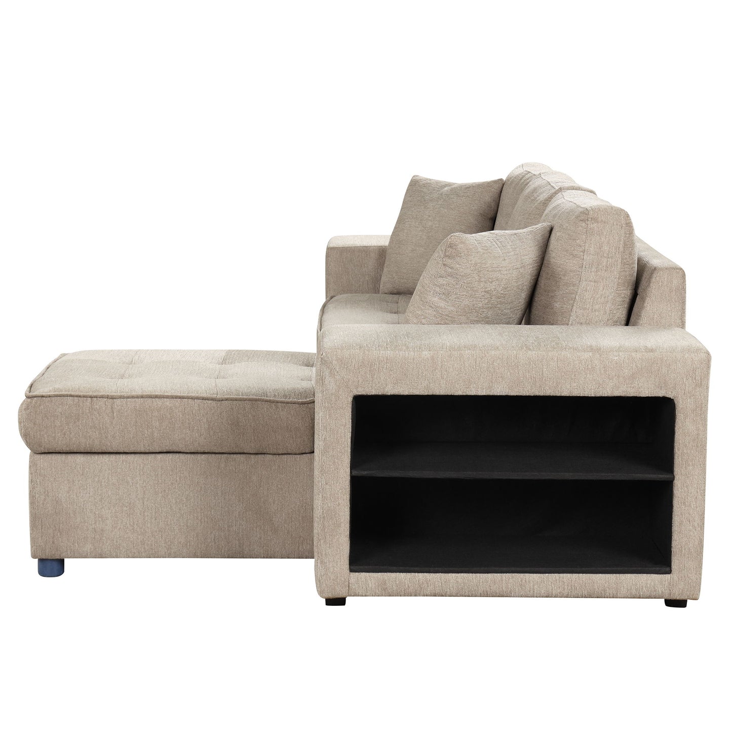 Modern L-Shape 3 Seat Reversible Sectional Couch, Pull Out Sleeper Sofa With Storage Chaise And 2 Stools For Living Room Furniture Set - Cream