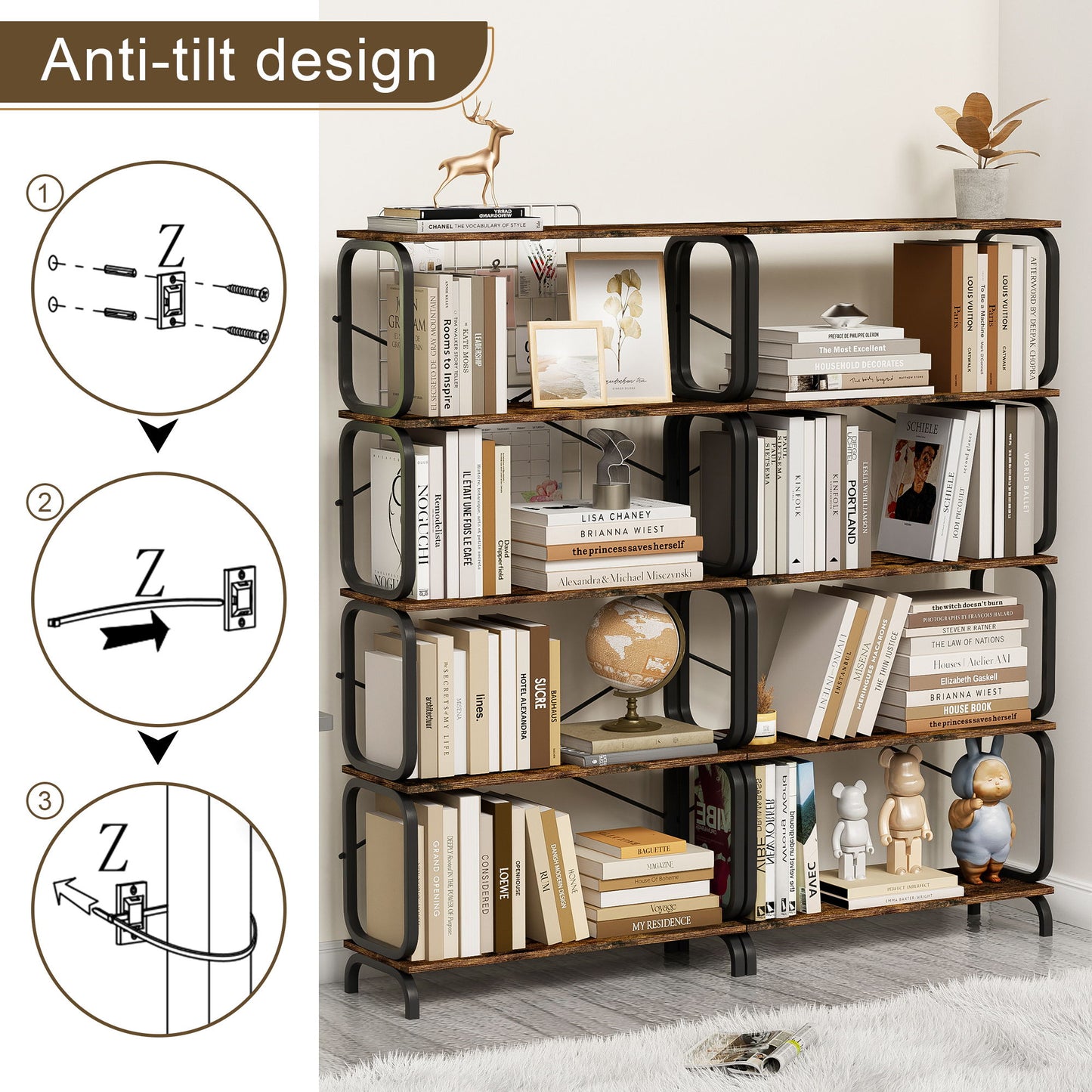5 Tier Industrial Bookshelf, Rustic Brown Tall Bookcase With Open Wood & Metal Design, Vintage Storage Organizer - Black