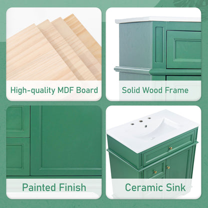 30" Bathroom Vanity With Sink, 1 Tip Out Drawer, 3 Drawers, Door Shelf, Soft Closing Door - Green