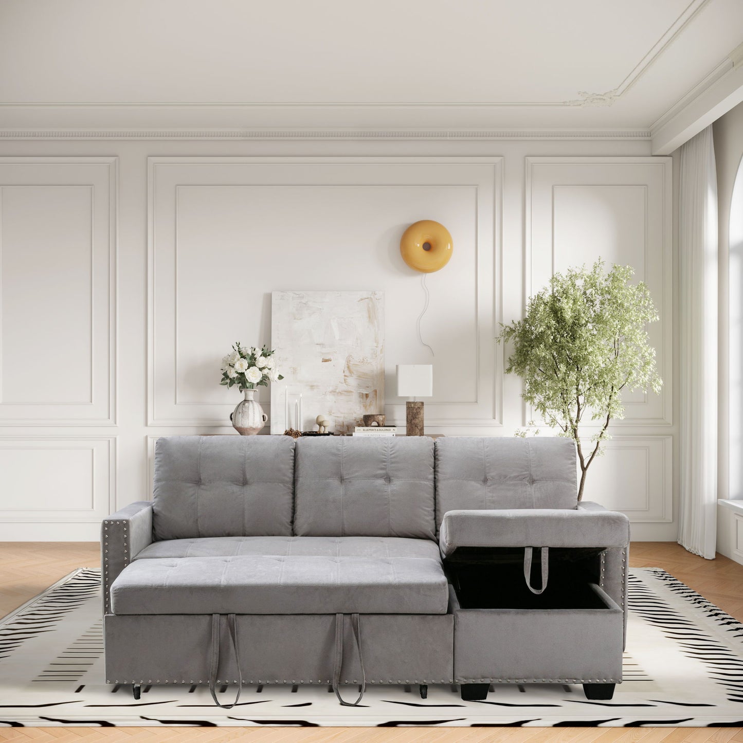 Reversible Sectional Storage Sleeper Sofa Bed, L-Shape 2 Seat Sectional Chaise With Storage, Skin-Feeling Velvet Fabric - Light Gray
