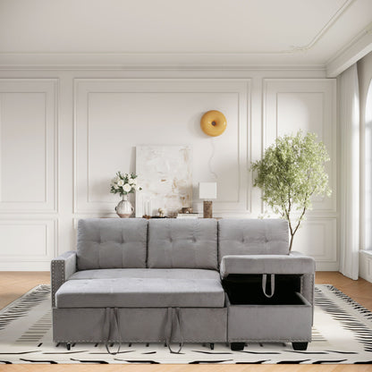 Reversible Sectional Storage Sleeper Sofa Bed, L-Shape 2 Seat Sectional Chaise With Storage, Skin-Feeling Velvet Fabric - Light Gray