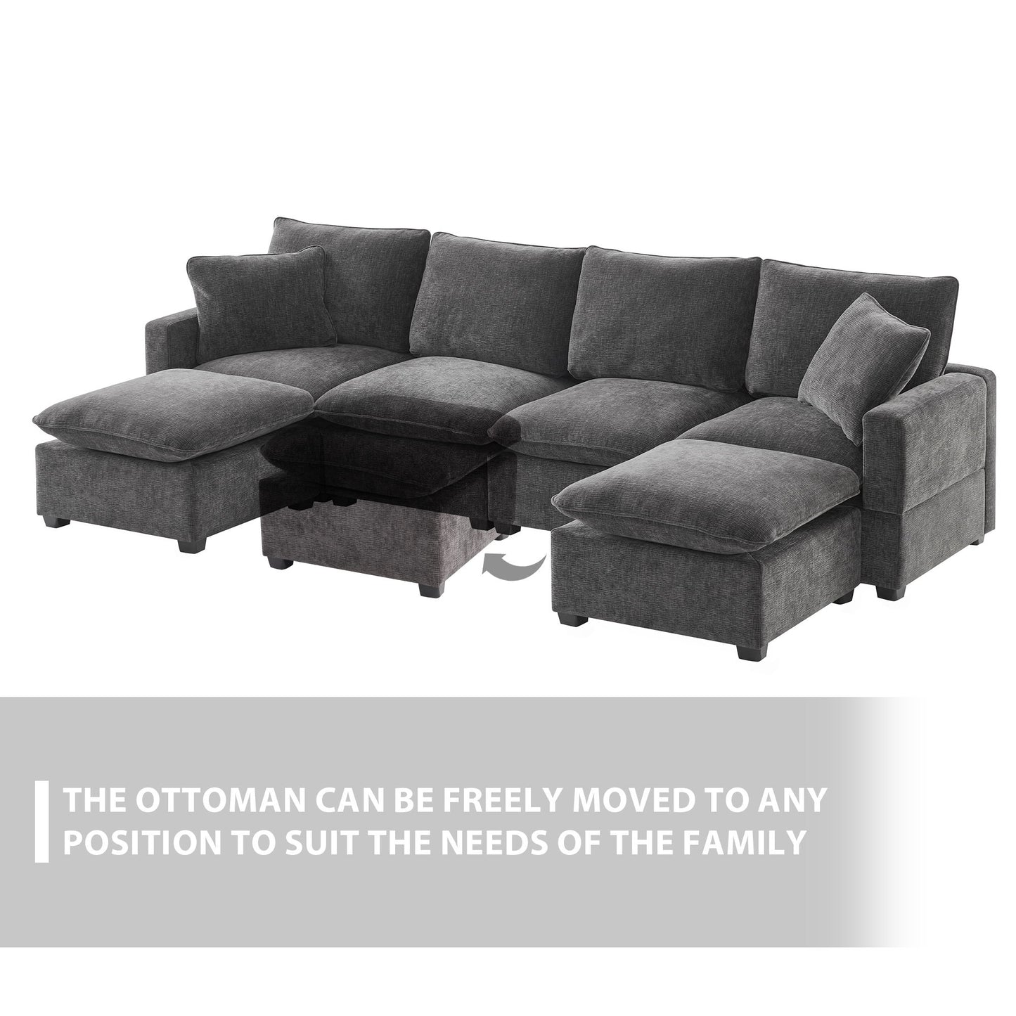 Modern U-Shape Modular Sofa, 6 Seat Chenille Sectional Couch Set With 2 Pillows Included, Freely Combinable Indoor Funiture - Black / Gray