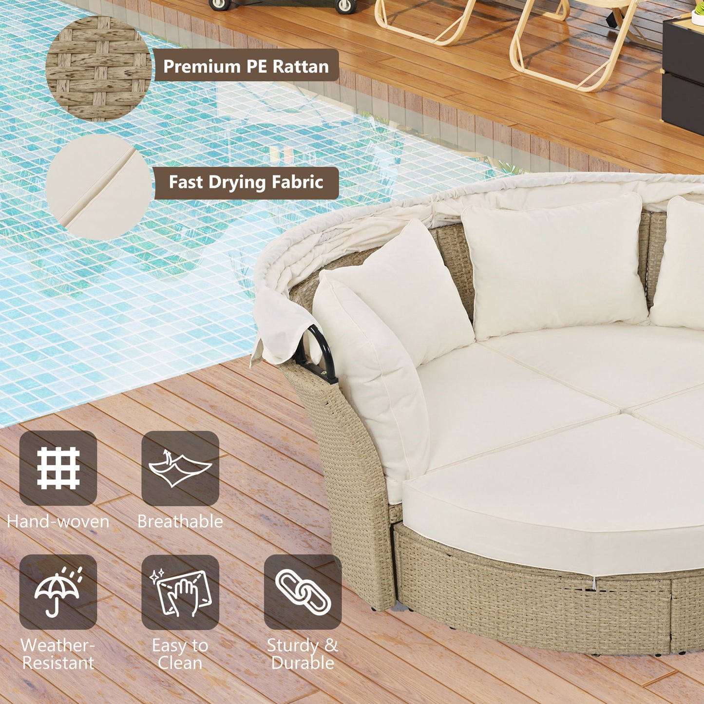 Outdoor Patio Daybed Wicker Rattan Double Daybed Round Sofa Furniture Set With Retractable Canopy, 4 Pillows For Lawn Garden Backyard Porch Pool - Beige