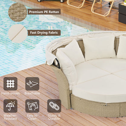 Outdoor Patio Daybed Wicker Rattan Double Daybed Round Sofa Furniture Set With Retractable Canopy, 4 Pillows For Lawn Garden Backyard Porch Pool - Beige