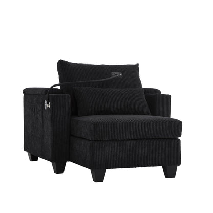 Convertible Chaise Lounge Sofa Chair Bed With USB Ports, Cup Holders & Storage - Black