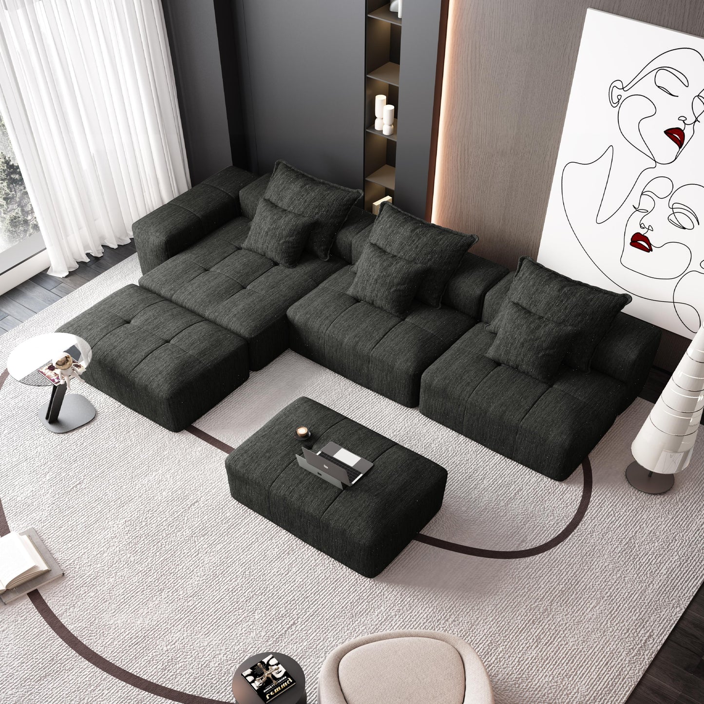 Modern Oversized Modular Sectional Sofa, Sparkling Chenille Fabric Soft Cushion Sofa With 6 Pillows, 6 Pieces Diy Combination Tufted Sofa, No Assembly Required - Black
