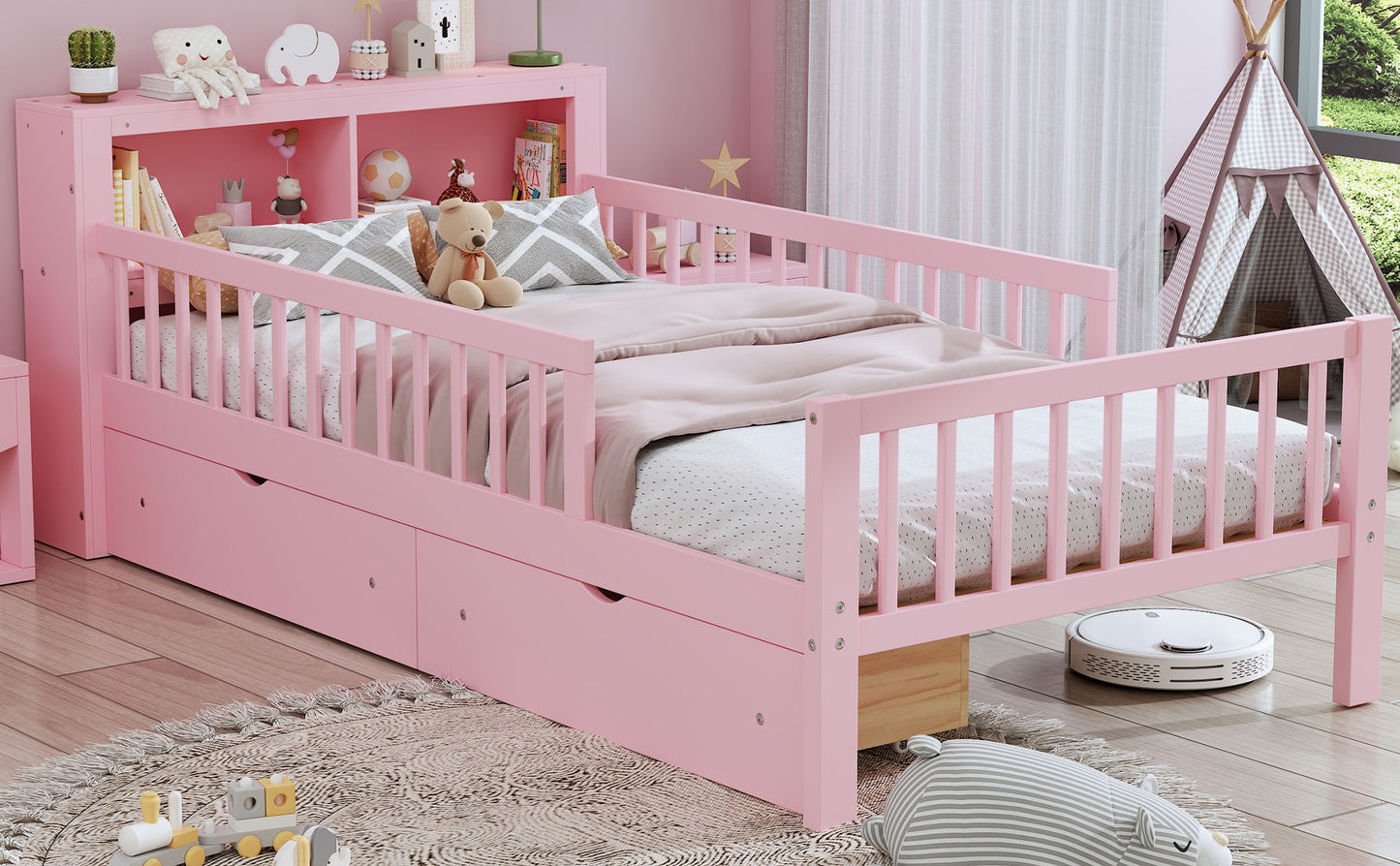 Twin Size Bed With Headboard Storage Rack, 2 Under Bed Drawers, 3 - Side Guardrails For Safety And Security - Pink