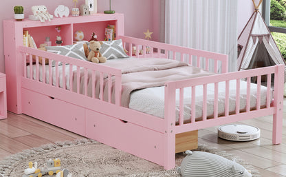 Twin Size Bed With Headboard Storage Rack, 2 Under Bed Drawers, 3 - Side Guardrails For Safety And Security - Pink