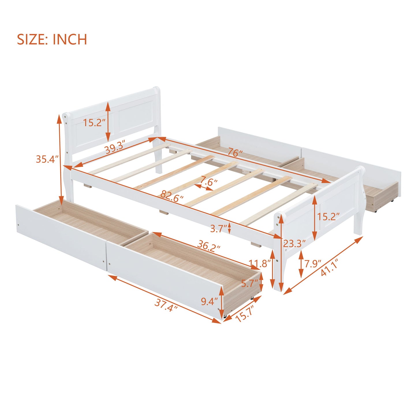 Twin Size Platform Bed With 4 Drawers And Streamlined Headboard & Footboard - White
