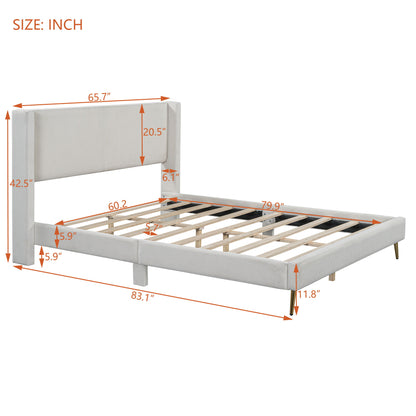 Queen Size Platform Bed With Legs, Frame And Tufted Headboard - Beige