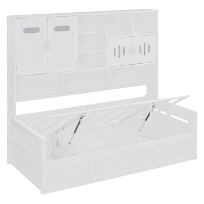 Twin Size Wooden Daybed With Hydraulic Bed And All In One Cabinet And Shelf - White
