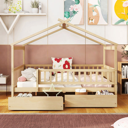 Full Size House Bed With 2 Drawers - Natural