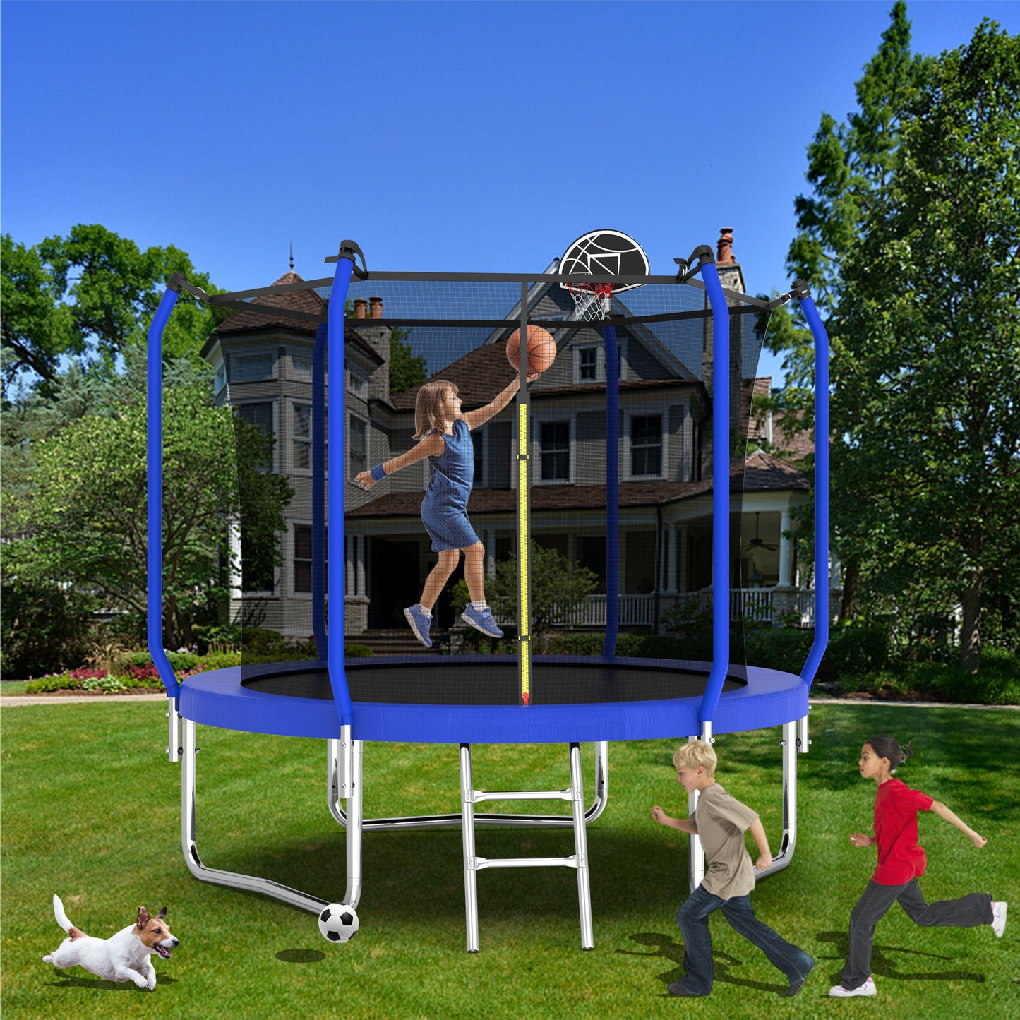 8Ft Trampoline With Basketball Hoop, Astm Approved Reinforced Type Outdoor Trampoline With Enclosure Net - Blue