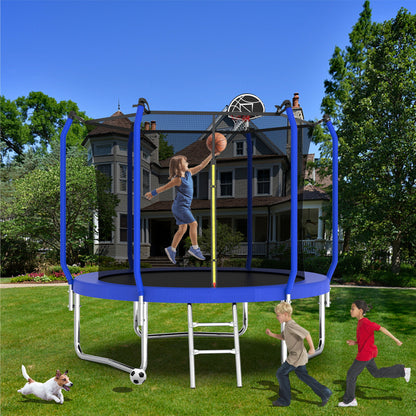 8Ft Trampoline With Basketball Hoop, Astm Approved Reinforced Type Outdoor Trampoline With Enclosure Net - Blue