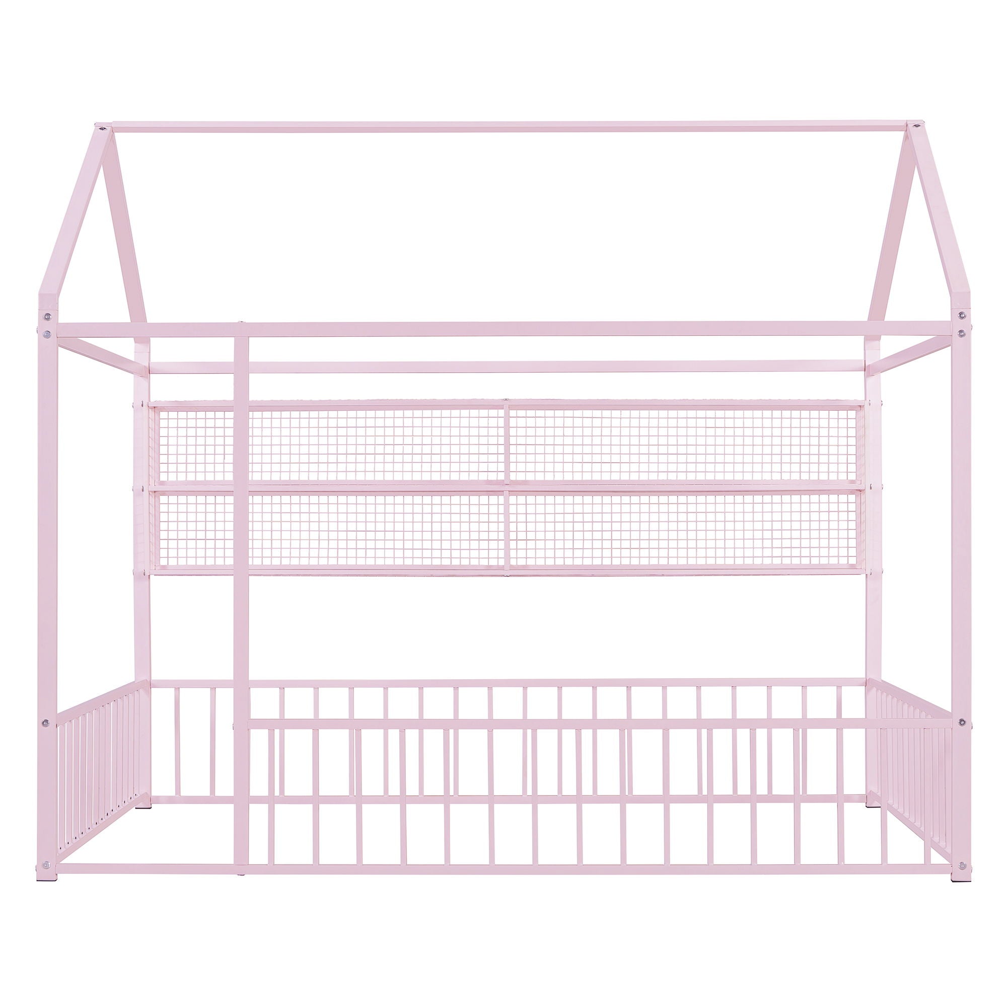 Full Size Bed House Frame With Fence And Shelves - Pink