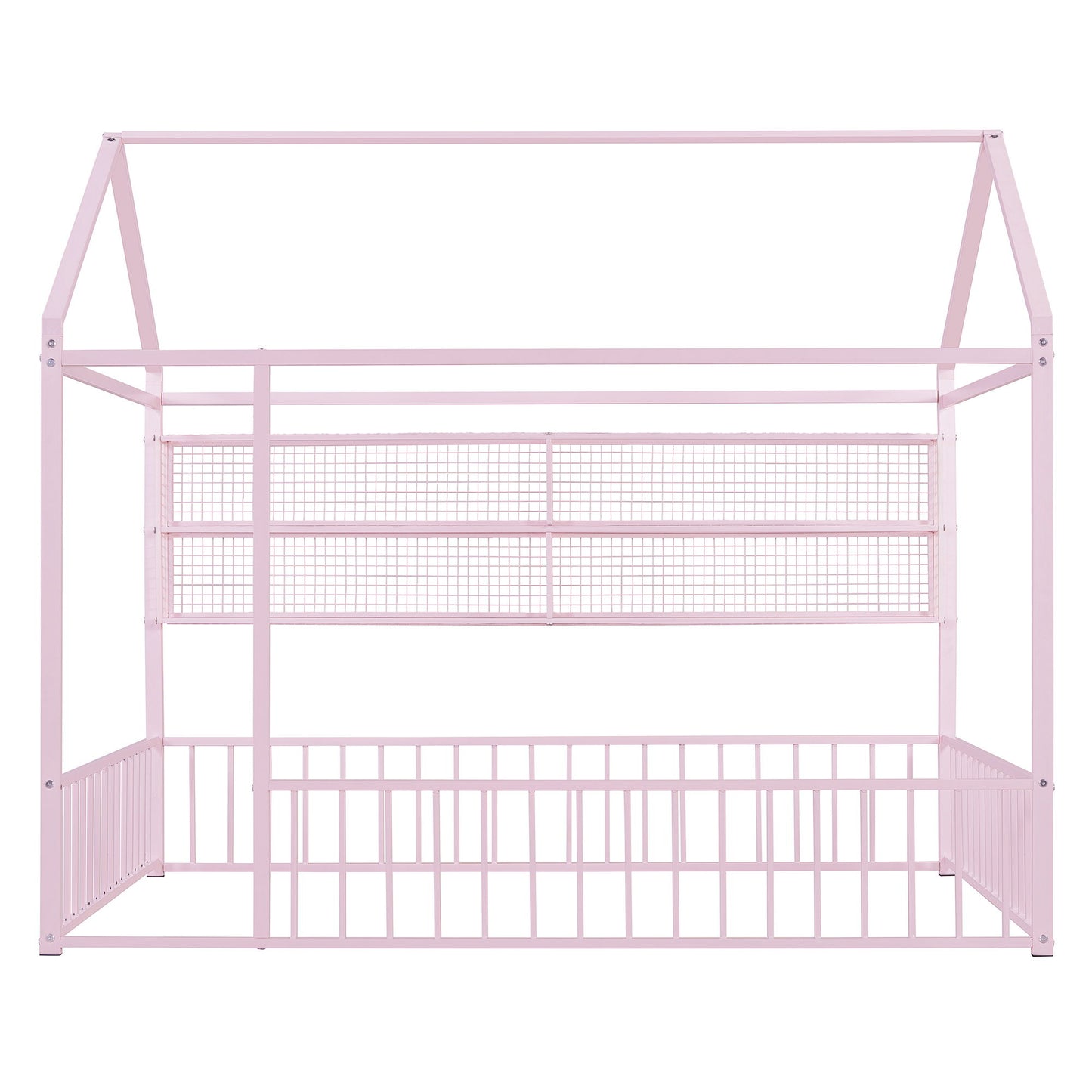 Full Size Bed House Frame With Fence And Shelves - Pink