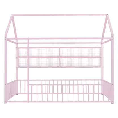 Full Size Bed House Frame With Fence And Shelves - Pink