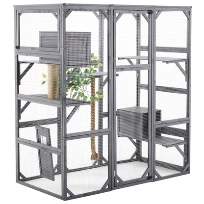 Outdoor Diy Cat House Catio With Double Enter Doors, Platforms, And Condos - Dark Gray