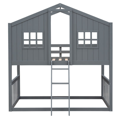 Twin Over Twin House Bunk Bed With Ladder - Gray
