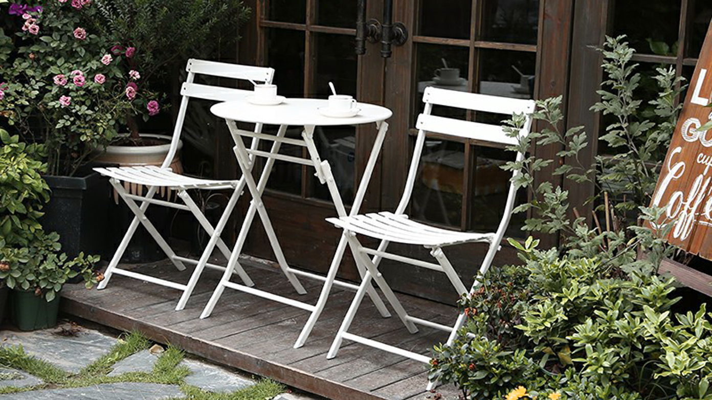 3 Piece Patio Bistro Set Of Foldable Round Table And Chairs - White