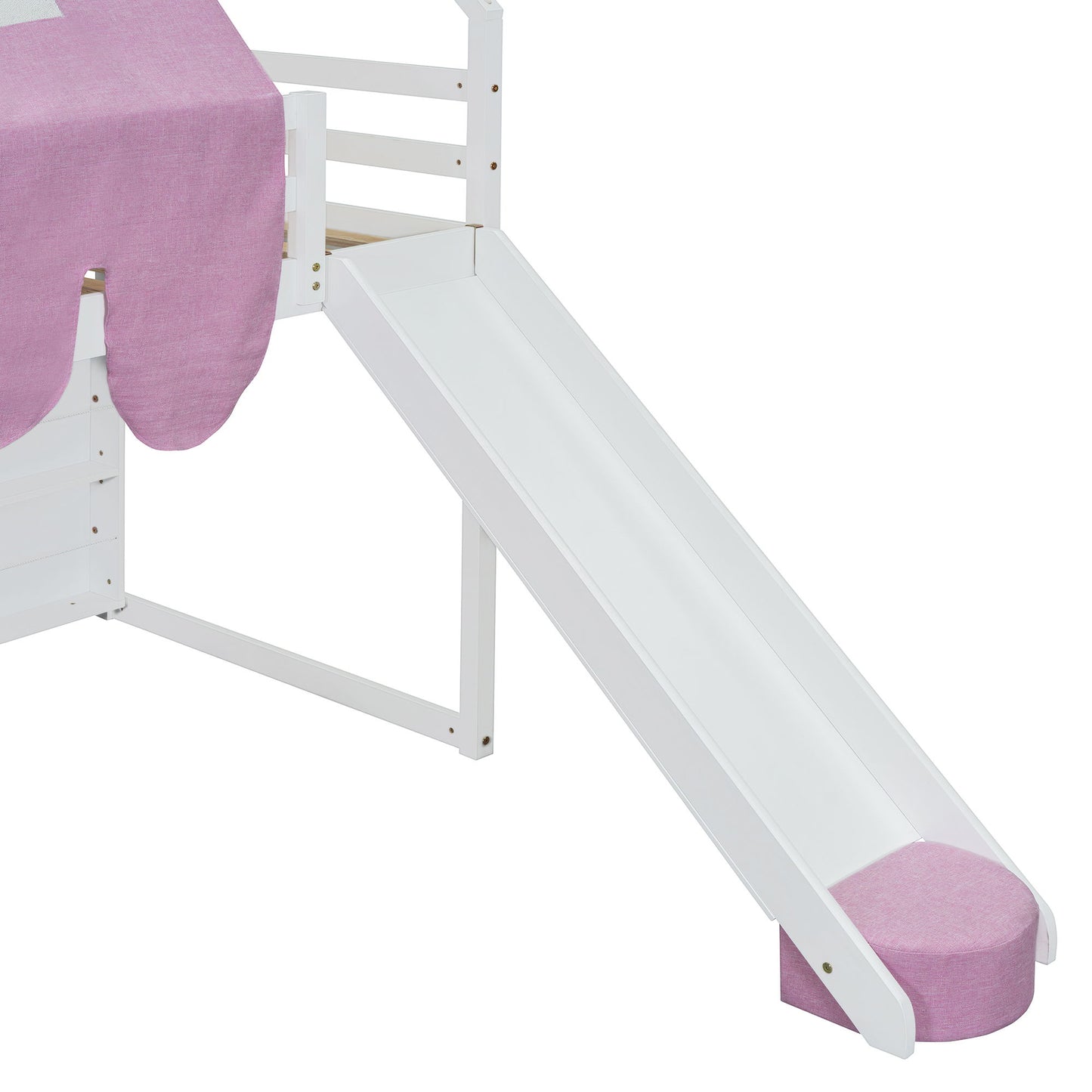 Twin Size Charming House Shaped Loft Bed With Tent And Slide - White / Pink