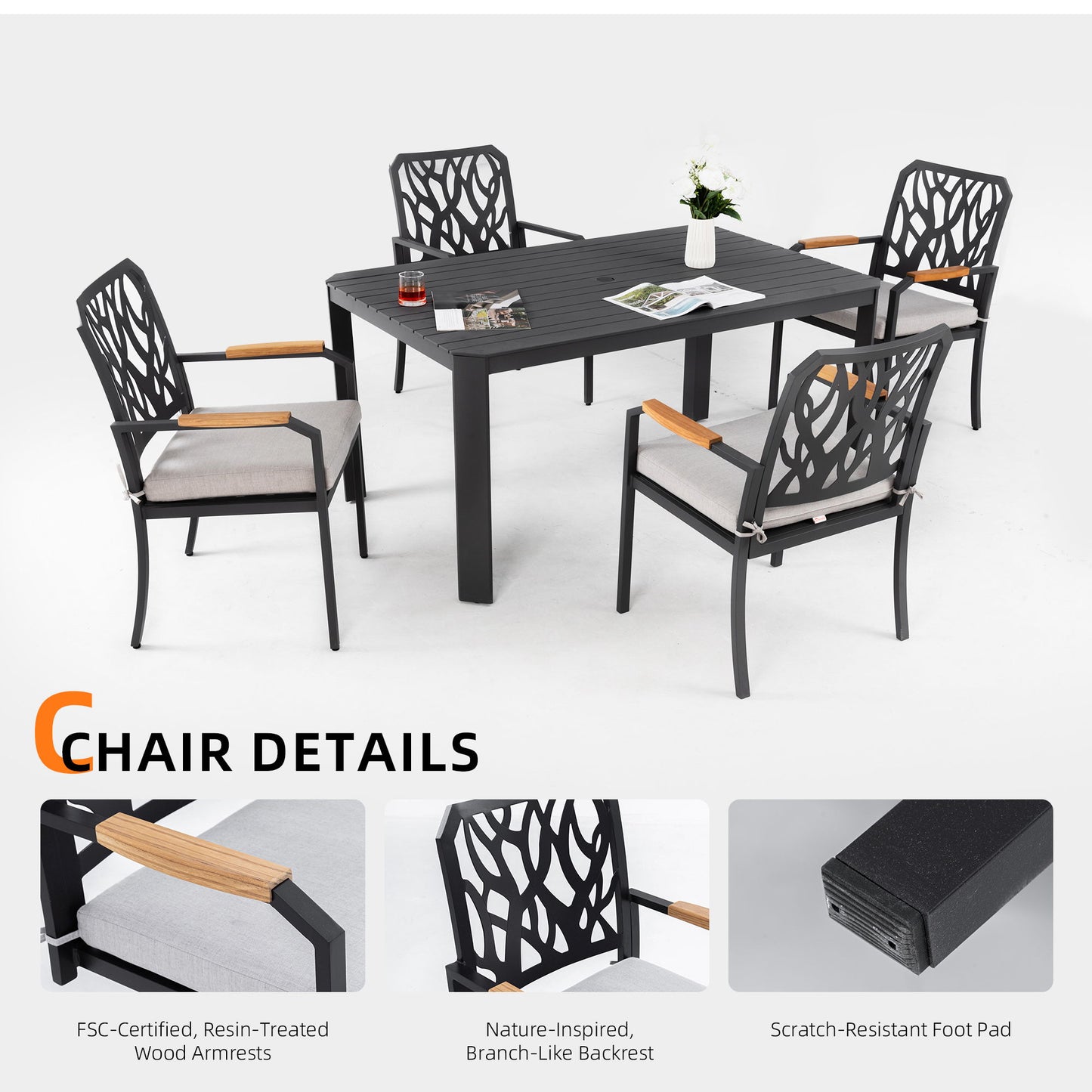 5 Pieces Outdoor Patio Aluminum Furniture Set, Rectangular Table With Umbrella Hole - Bourbon Brown