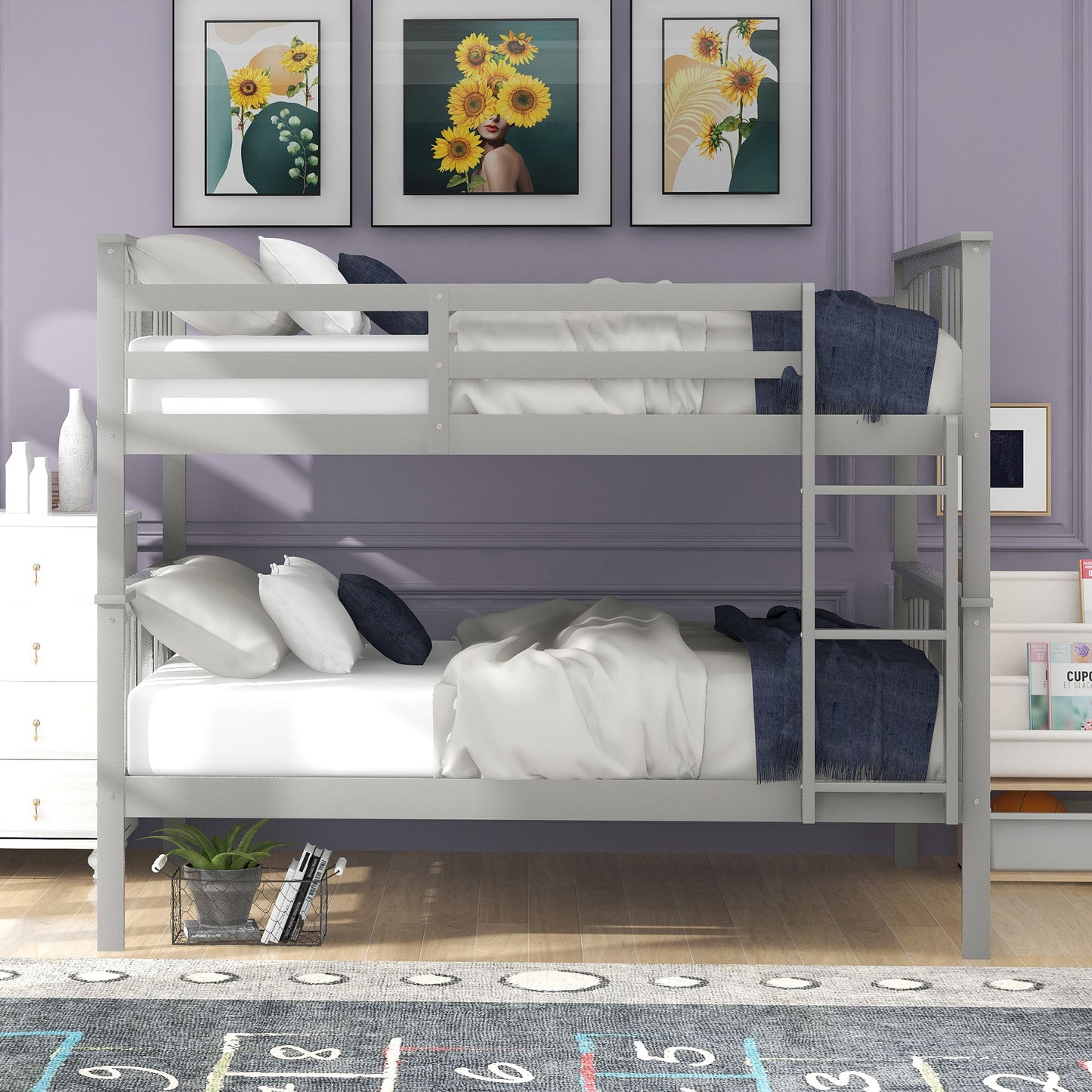 Full Over Full Bunk Bed With Ladder For Bedroom - Gray