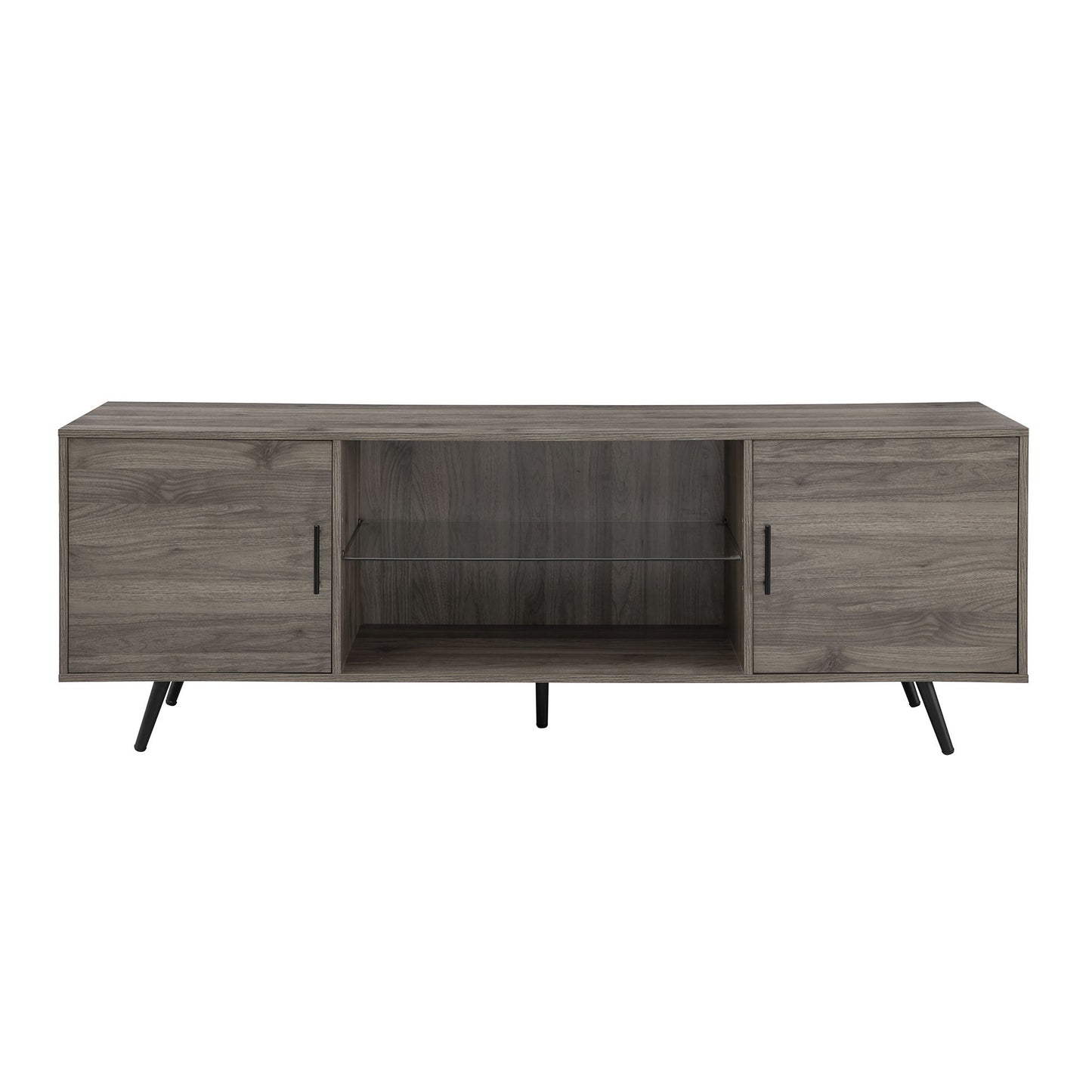 Mid-Century Modern 2 Door 70" TV Stand For 80" TVs With Glass Shelf - Slate Gray