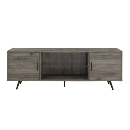 Mid-Century Modern 2 Door 70" TV Stand For 80" TVs With Glass Shelf - Slate Gray
