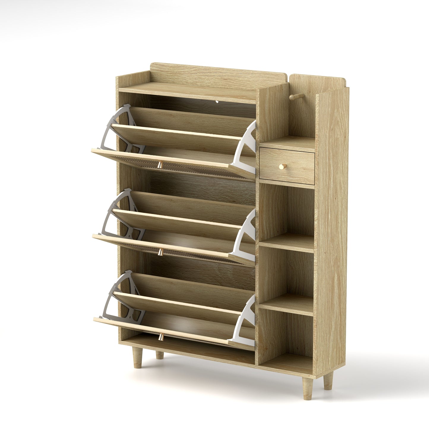 Natural Bohemia Style Shoe Cabinet, Shoe Rack Cabinet With 3 Rattan Flip Drawers, 3 Square Shelves And 1 Storage Drawer, Shoe Organizer With Mulit Storage Space And Hooks For Hallway, Entryway - Natural