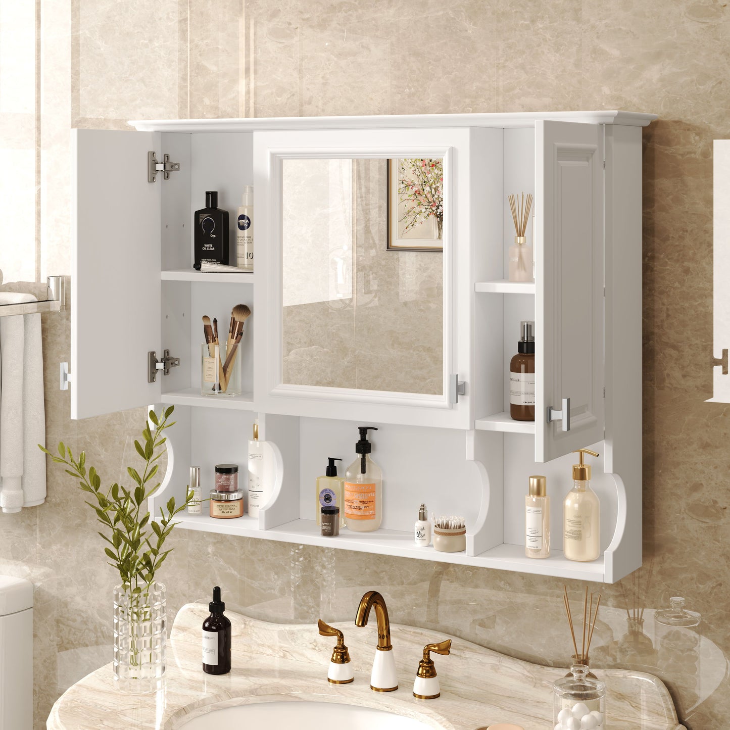 Wall Mounted Bathroom Medicine Cabinet, Modern Bathroom Wall Cabinet With Mirror, Mirror Cabinet With Open Shelves - White