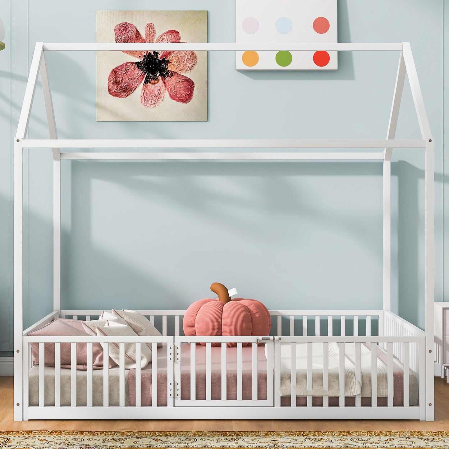 House Bed With Fence And Door - White