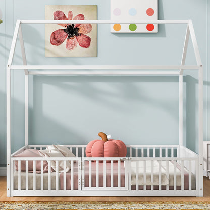 House Bed With Fence And Door - White