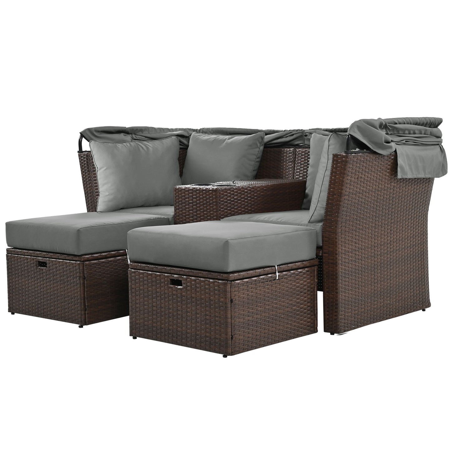 2 Seater Outdoor Patio Daybed Outdoor Double Daybed Outdoor Loveseat Sofa Set With Foldable Awning And Cushions For Garden, Balcony, Poolside - Gray
