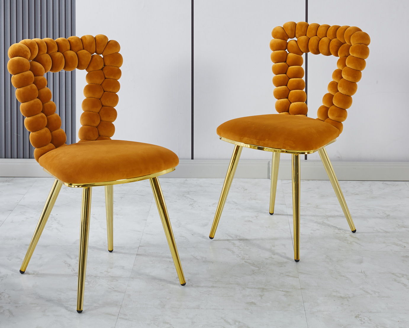 Modern Chair With Iron Tube Legs, Soft Cushions And Comfortable Backrest, Suitable For Dining Room, Living Room, Cafe, Hairball Back (Set of 2) - Orange / Gold