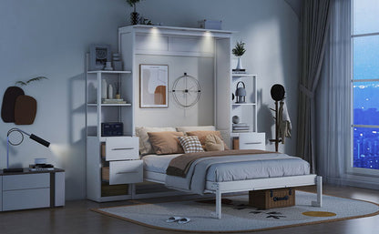 Full Size Murphy Wall Bed With Shelves, Drawers And LED Lights - White