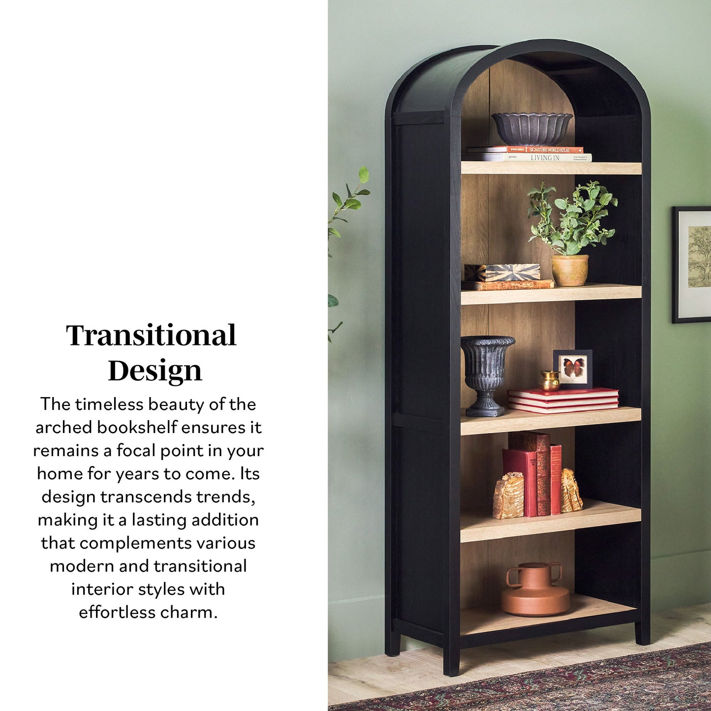 Modern 5 Shelf Open Arched Bookshelf - Black