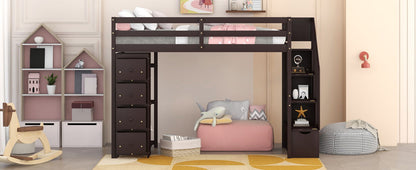 Twin Size Loft Bed With Storage Drawers And Stairs With Shelves - Espresso