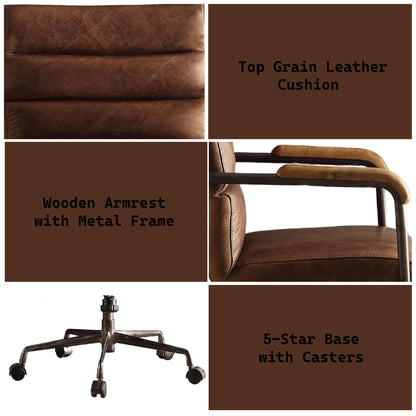Harith - Retro Top Grain Leather Office Chair - Brown