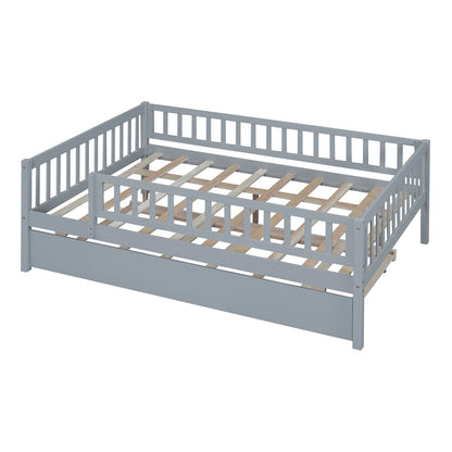 Full Size Daybed With Trundle And Fence Guardrails - Gray