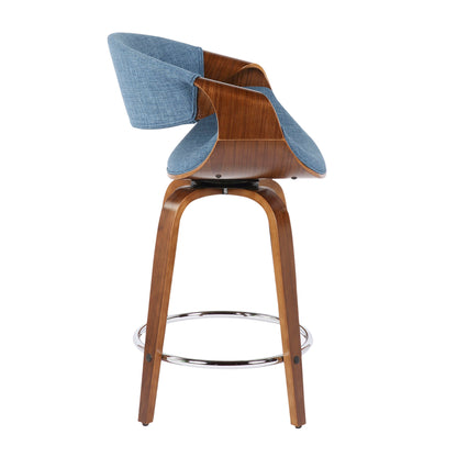 Curvini - Mid-Century Modern Counter Stool (Set of 2) - Walnut / Blue