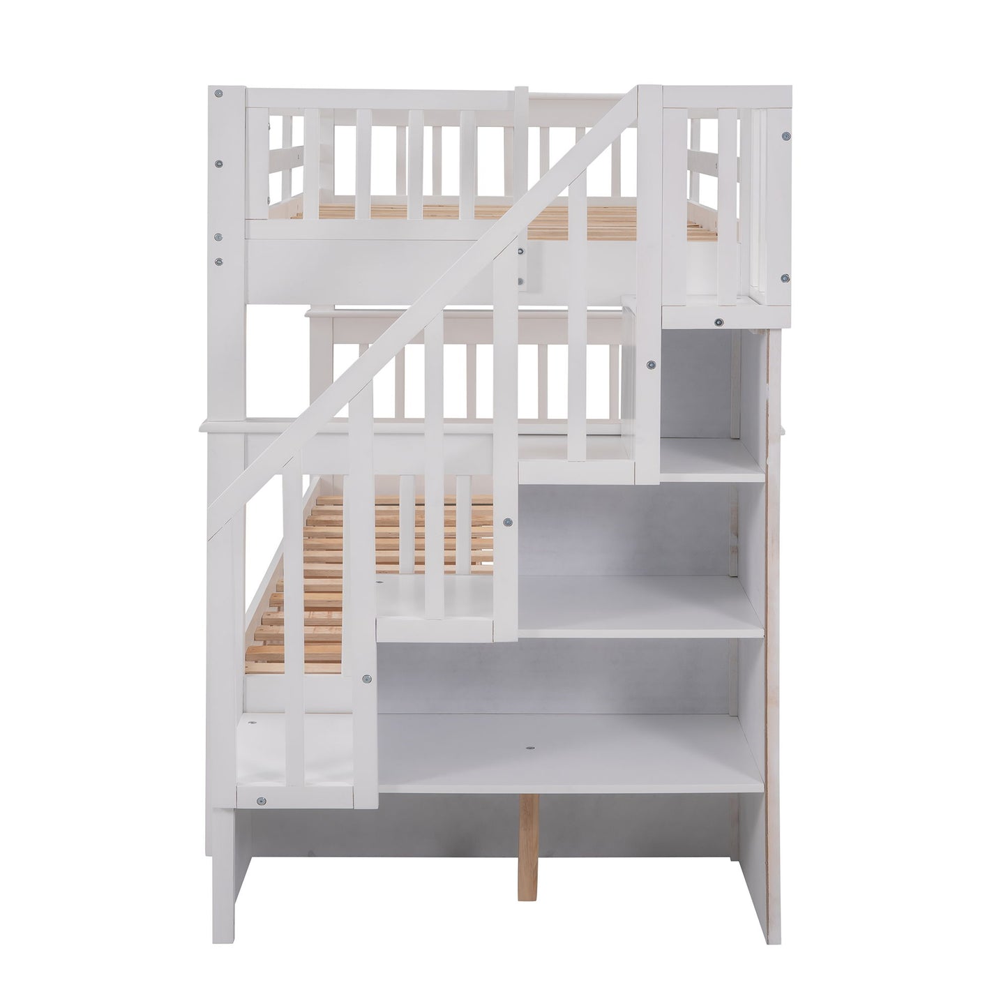 Twin Over Twin Stairway Bunk Bed With Three Drawers For Bedroom - White