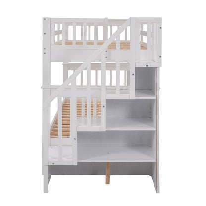 Twin Over Twin Stairway Bunk Bed With Three Drawers For Bedroom - White