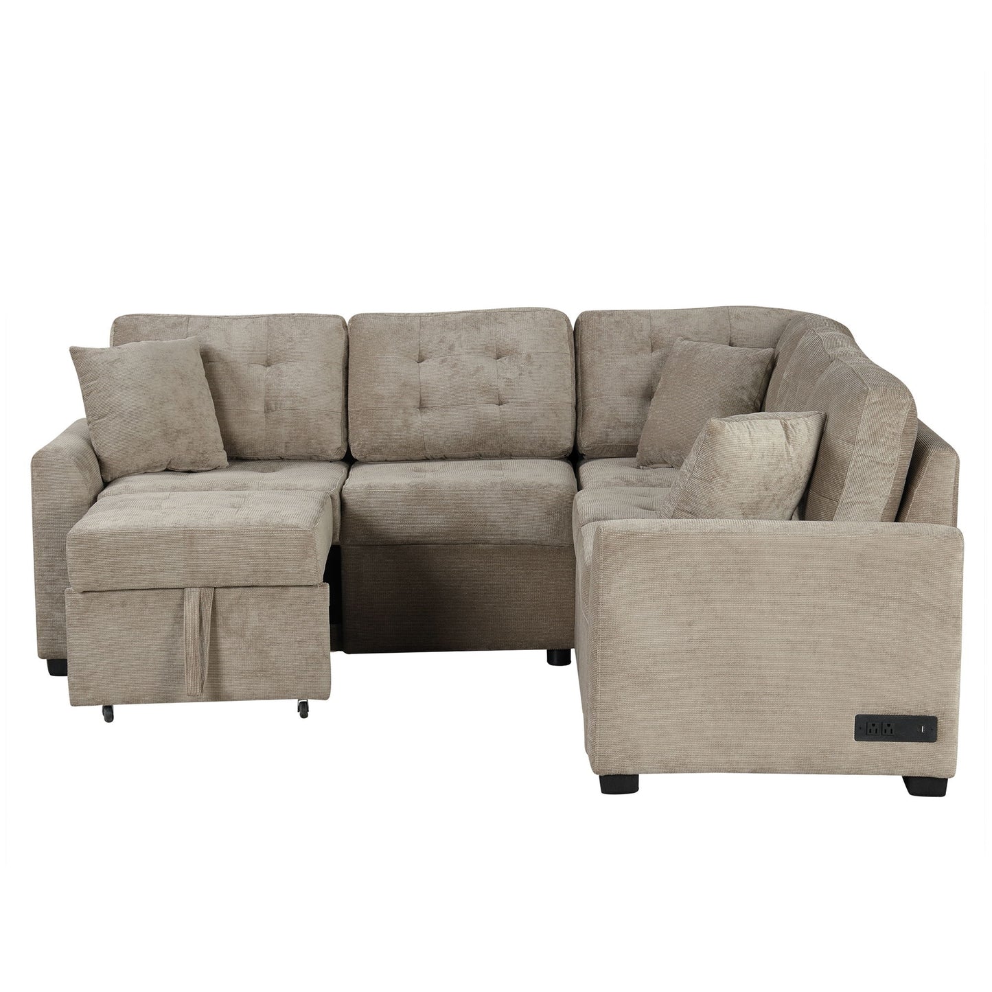 L-Shape Sofa Bed Pull-Out Sleeper Sofa With Wheels, USB Ports, Power Sockets For Living Room - Khaki