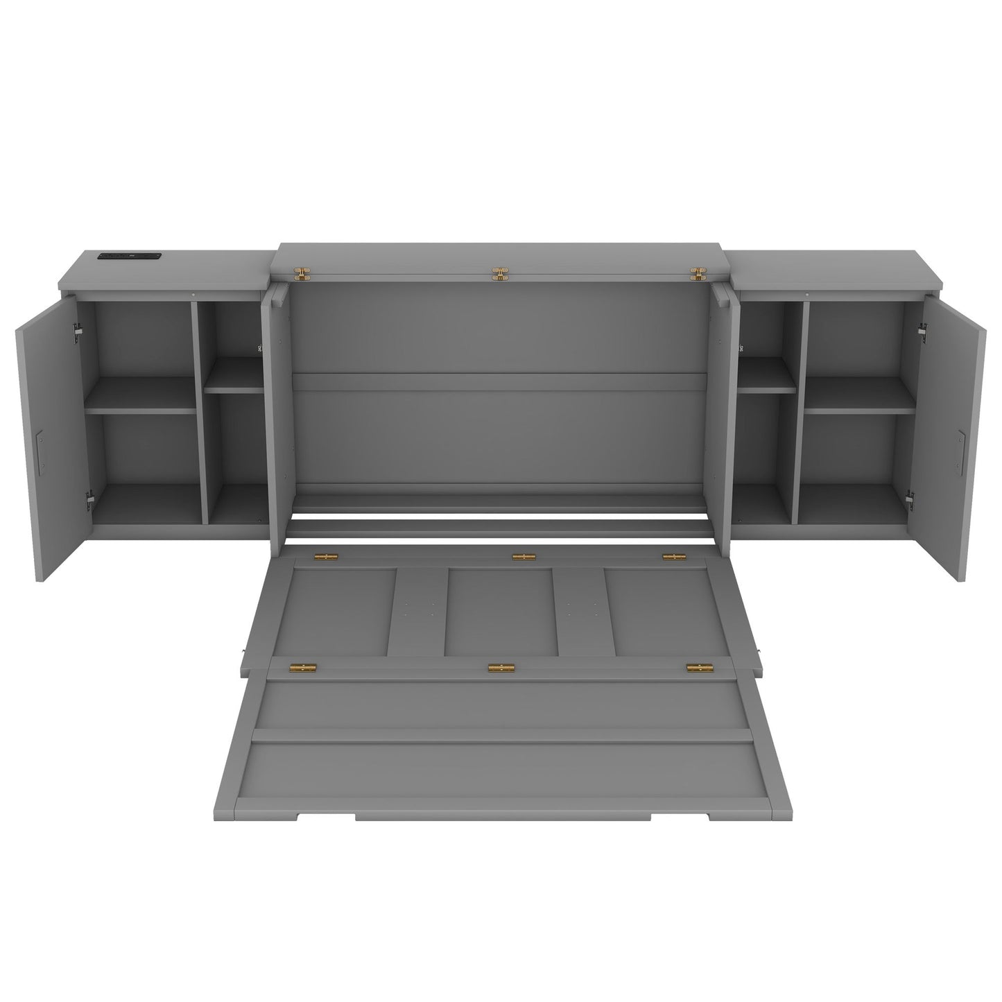 Full Size Murphy Bed With Shelves, Cabinets And USB Ports - Gray