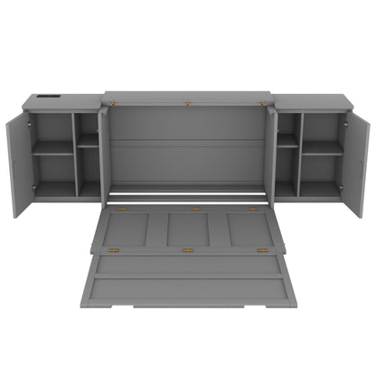Full Size Murphy Bed With Shelves, Cabinets And USB Ports - Gray